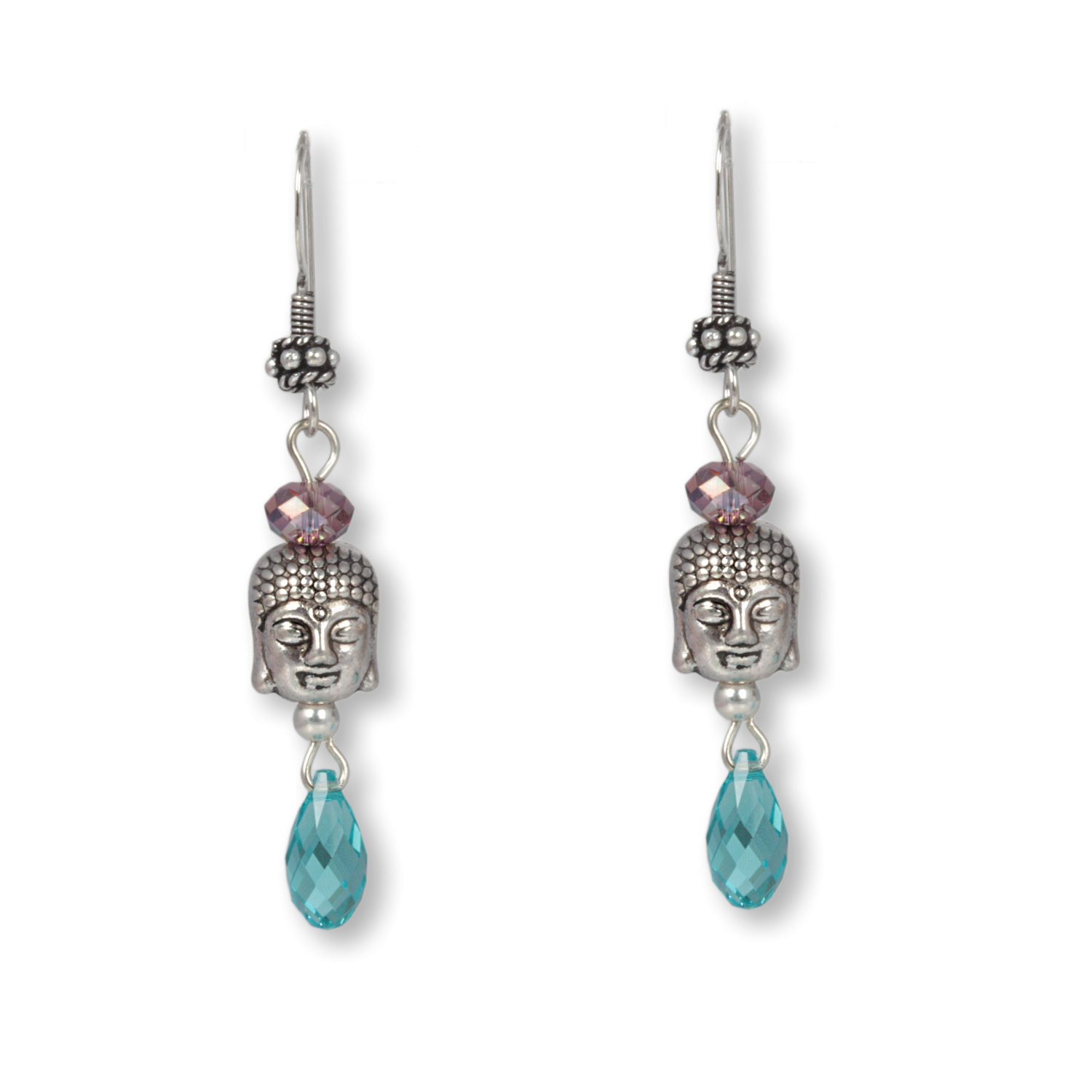 Turquoise-Violet Silver - Buddha earrings with sparkling crystals