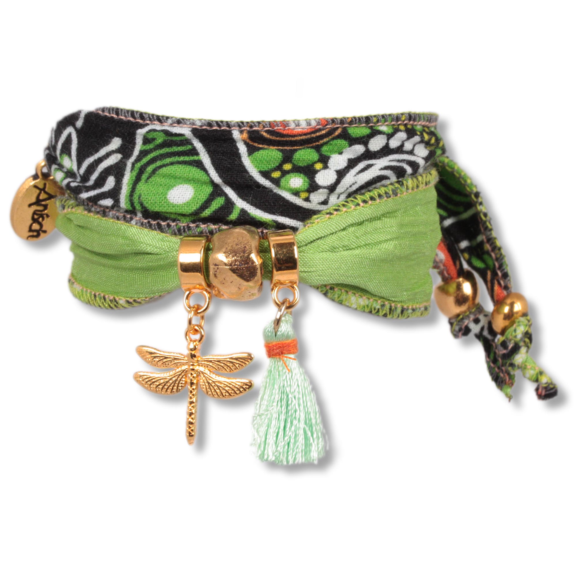 Green Dancing Dragonfly - Artist bracelet from aboriginal fabrics