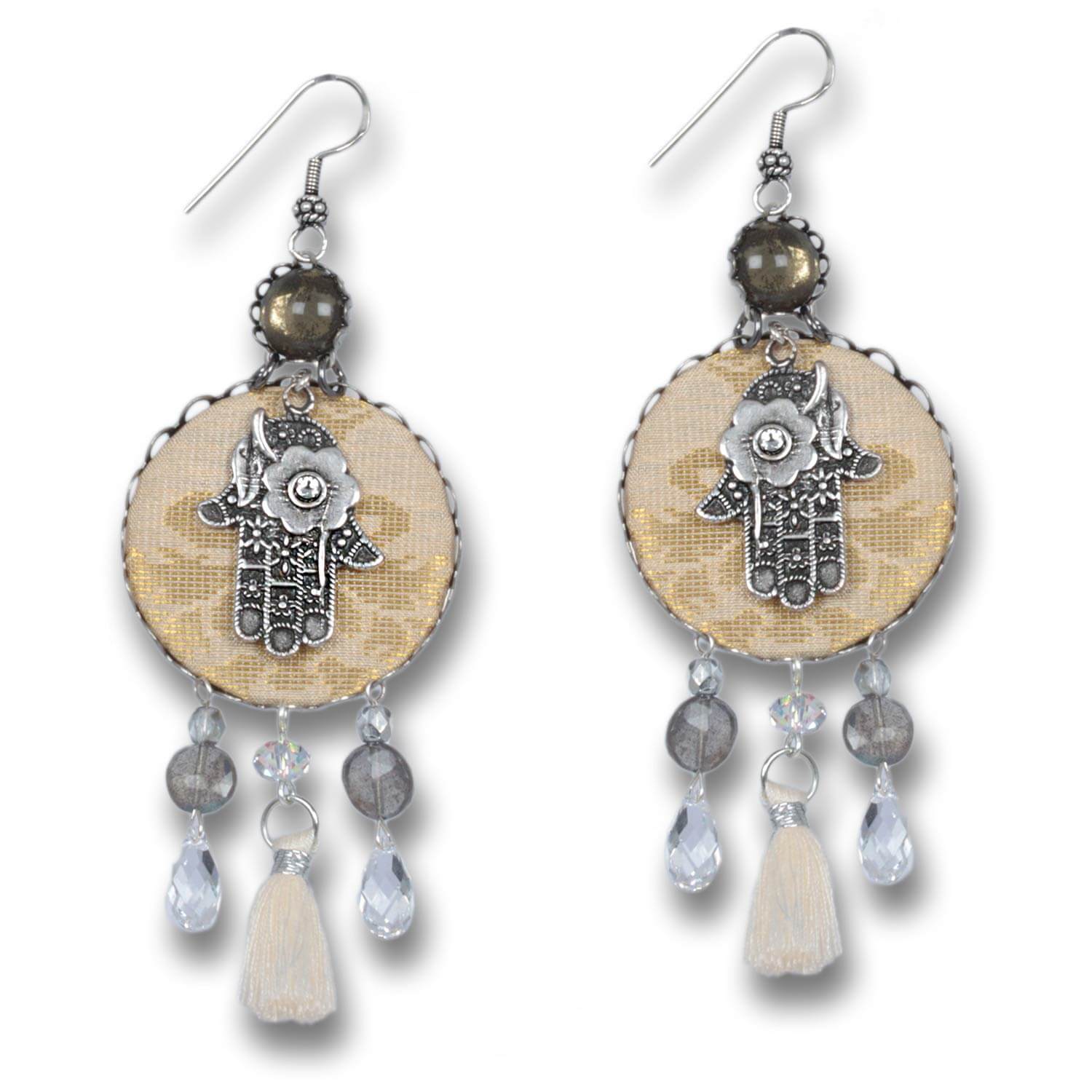 Ohrschmuck »Whisper of Light« – Labradorit & Silbergrau mit Schutzhand