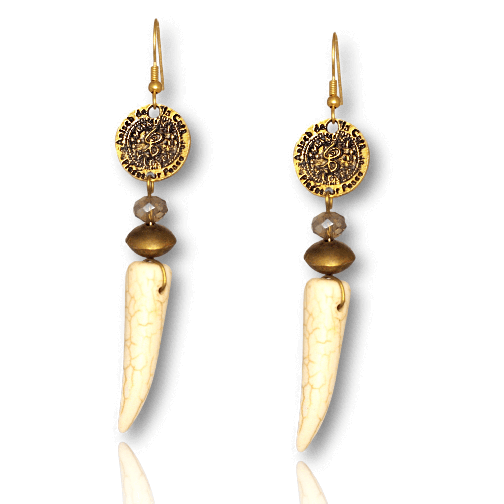 Gold marble earrings with magnesite tooth amulet