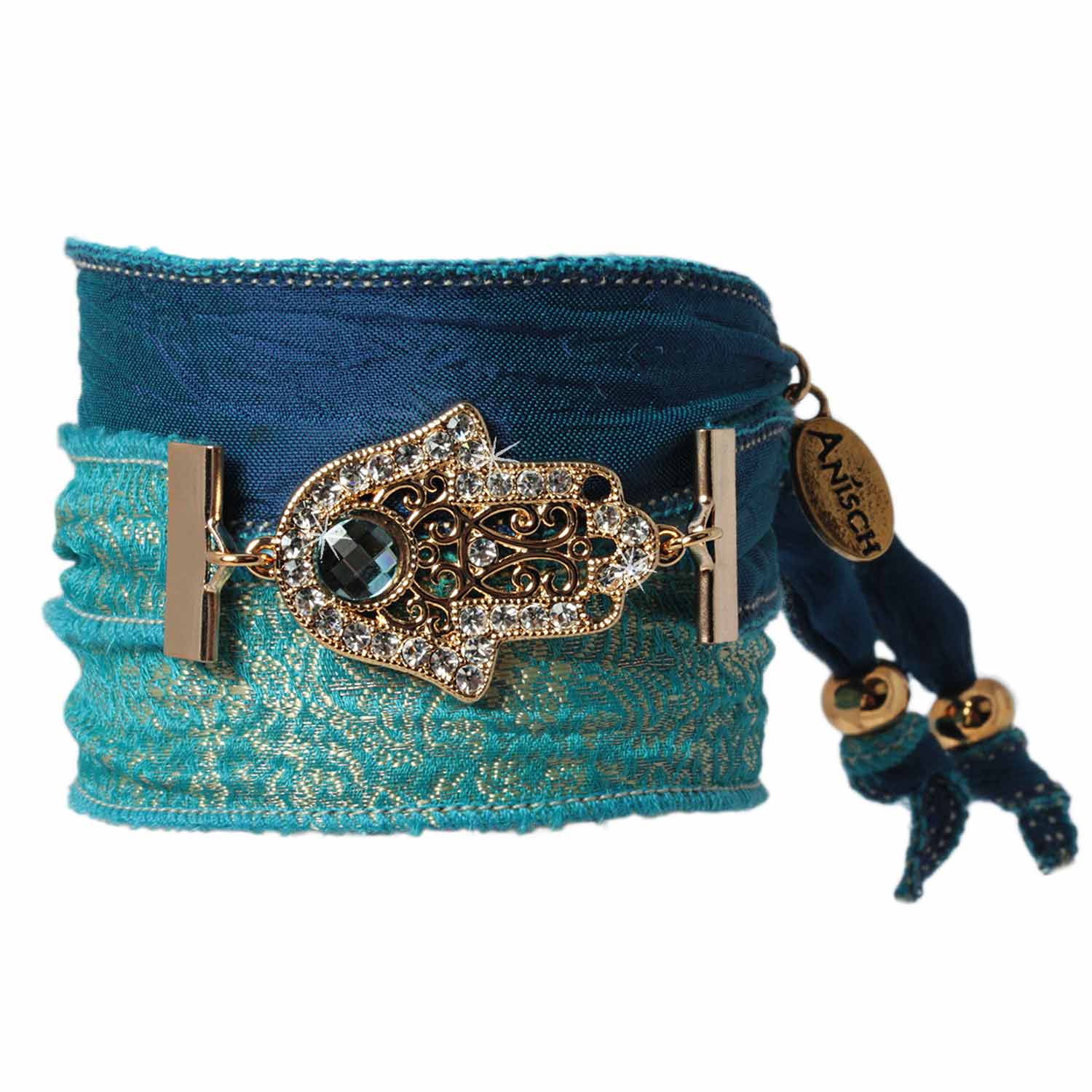 Blue Turquise - Hand of Fatima Armband aus indischen Saris