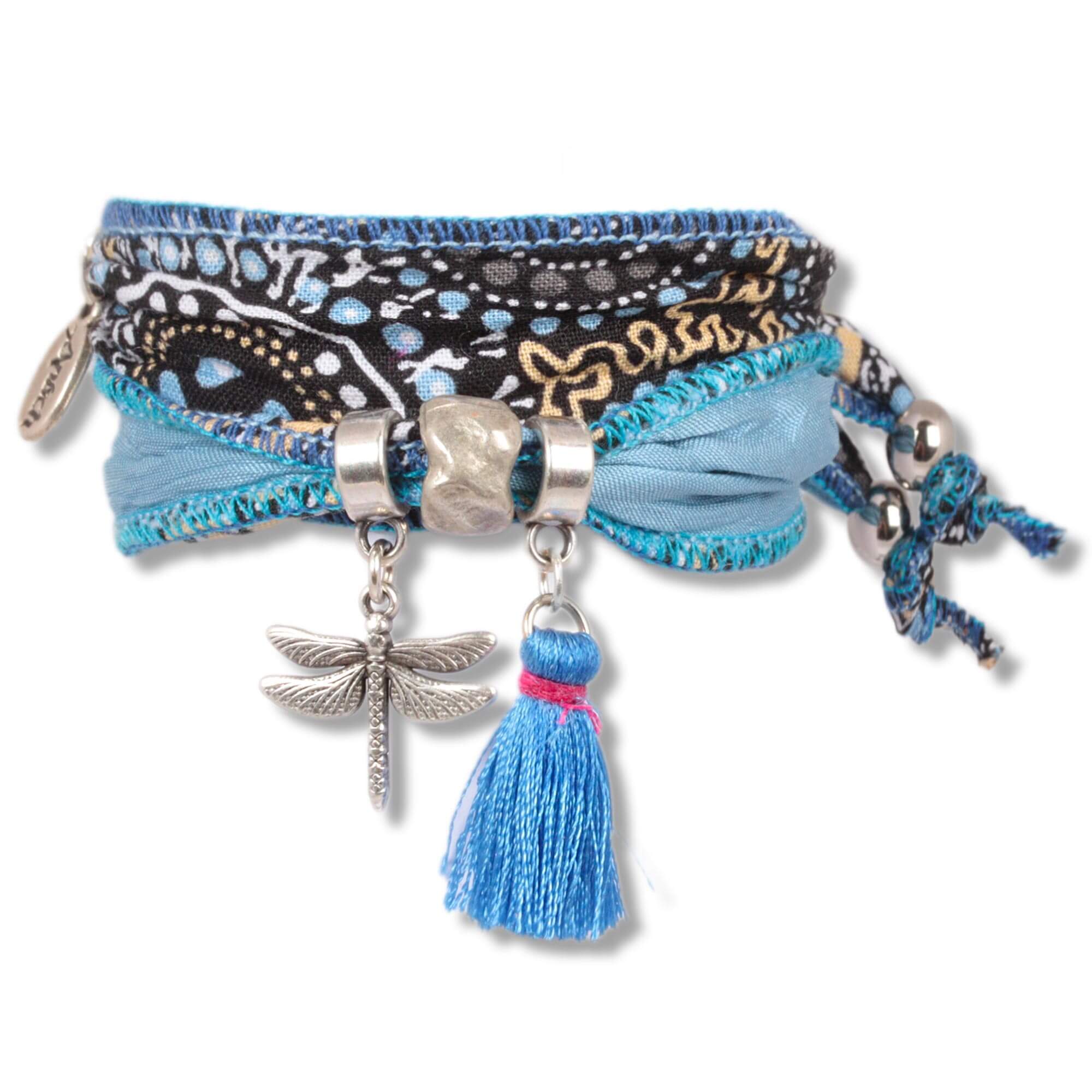 Blue Dancing Dragonfly - Artist bracelet made from aboriginal fabrics
