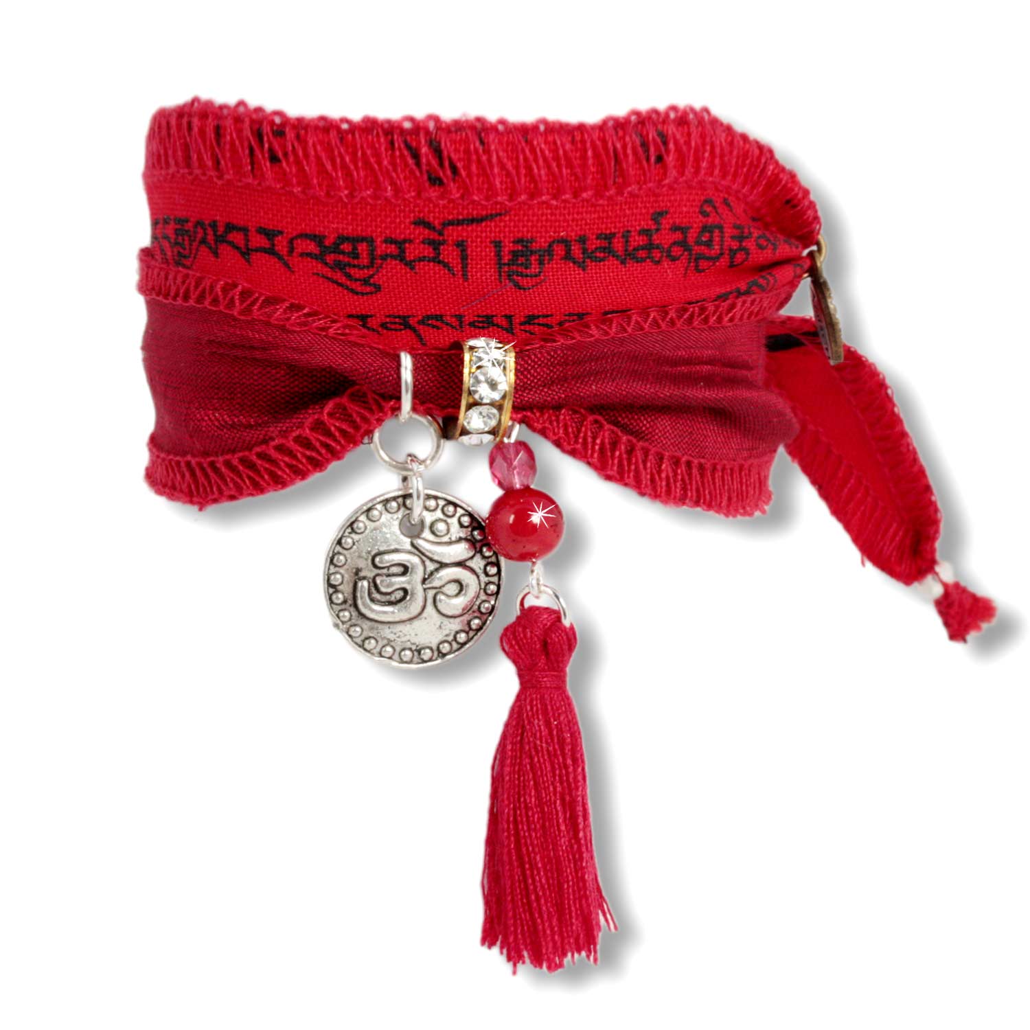 Fire Norbu - Tibetan Wish bracelet made of Tibetan prayer flags with coral