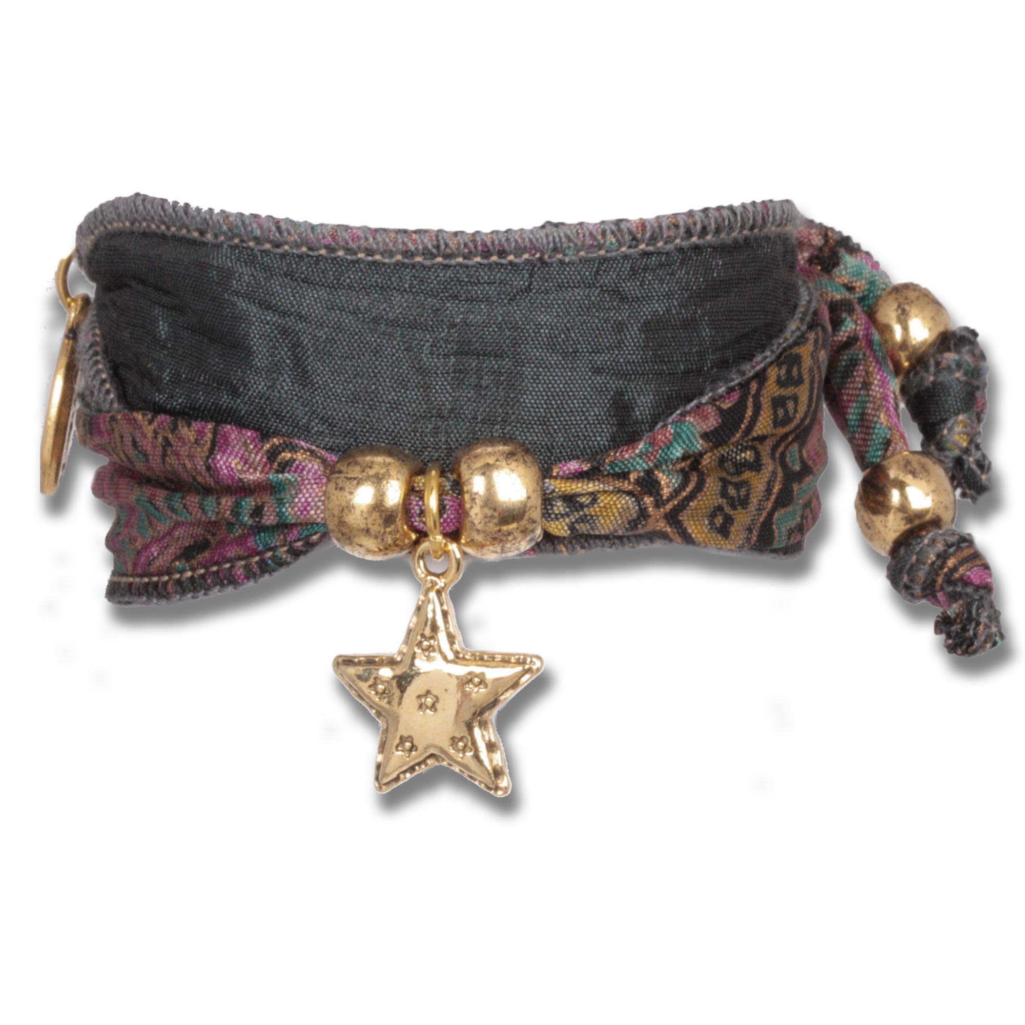 Indian-Black Starseed - Vintage Indian sari fabric bracelet