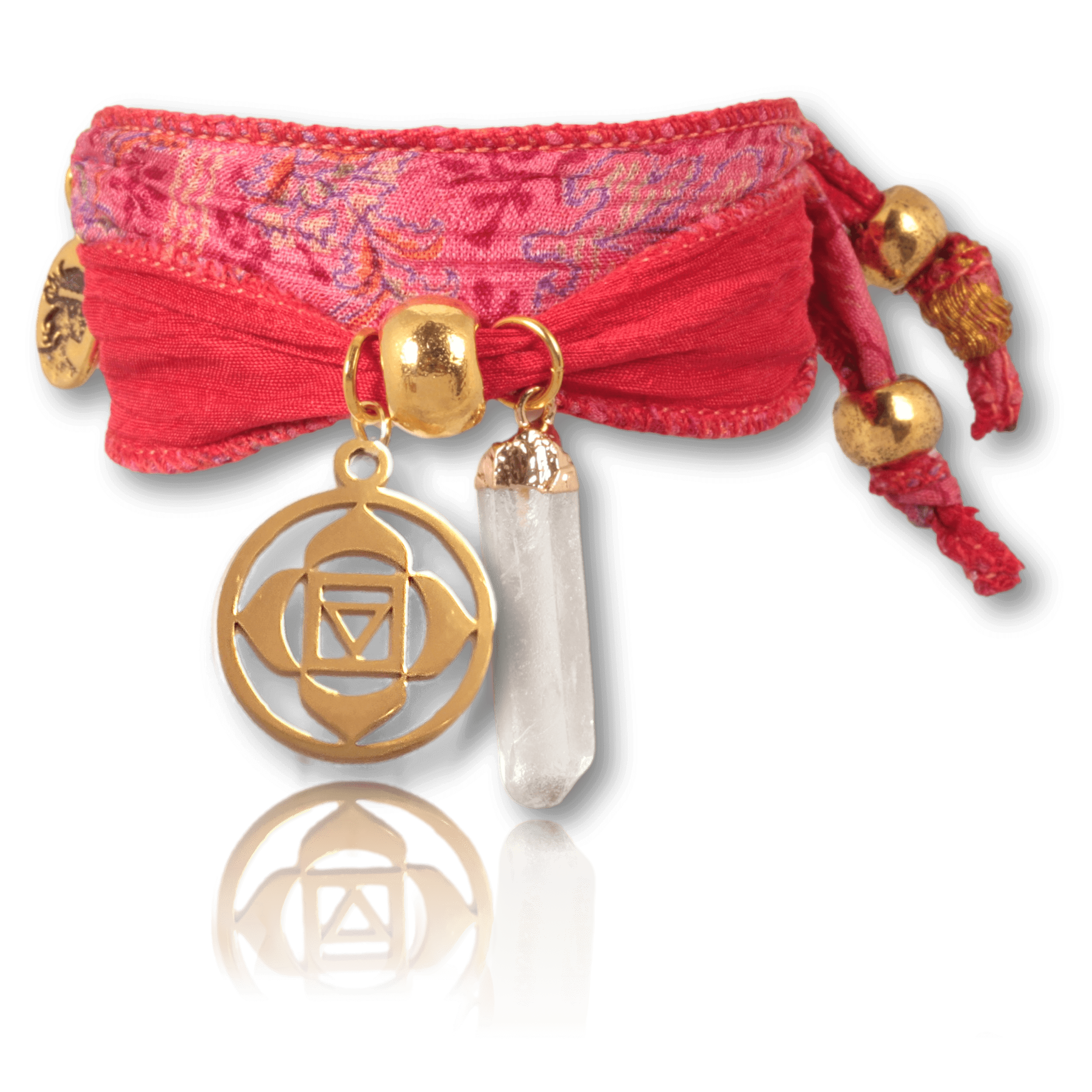 Root chakra bracelet made of Indian saris and gold-plated stainless steel