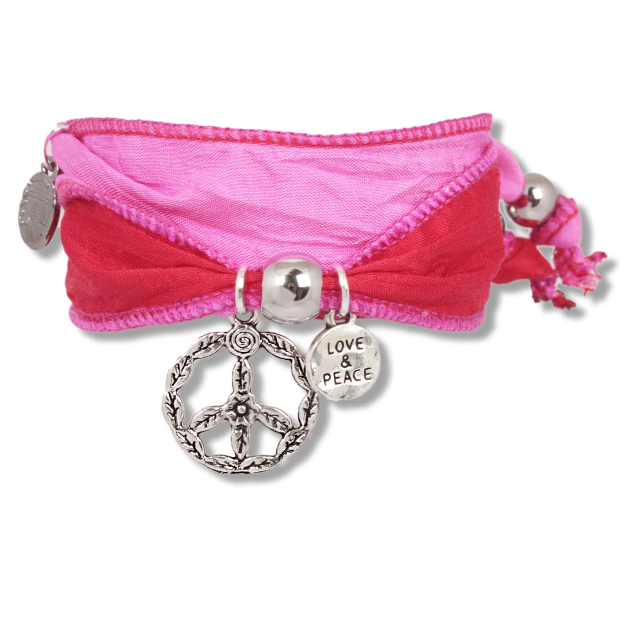 Pink-Red - Love & Peace Bracelet made from Sari fabrics