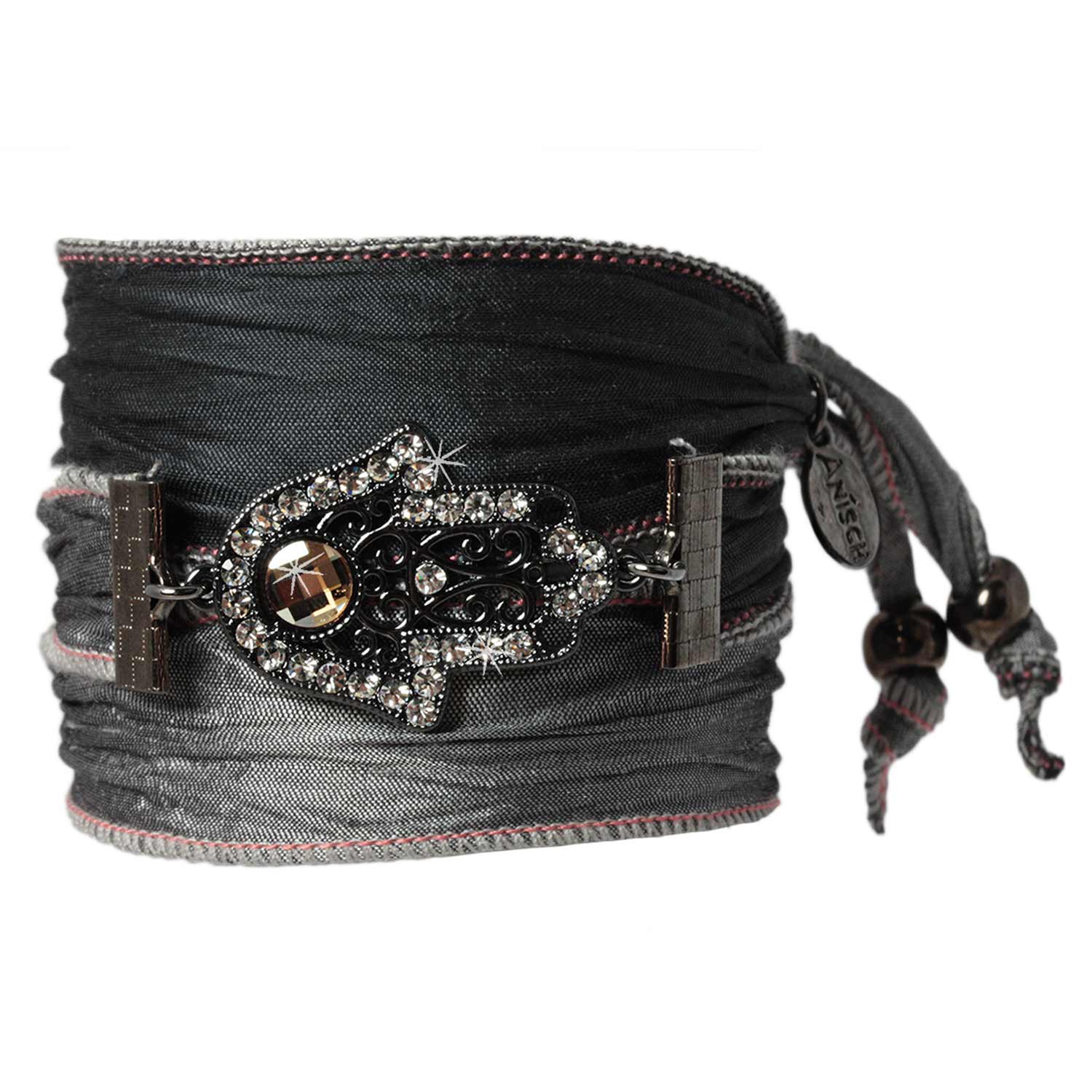 Dark Grey - Hand of Fatima Armband aus indischen Saris