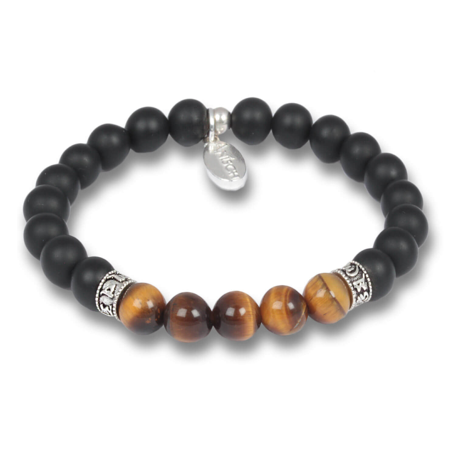 Tigereye - Mantra Beads gemstone bracelet for men with sterling silver, 8 mm