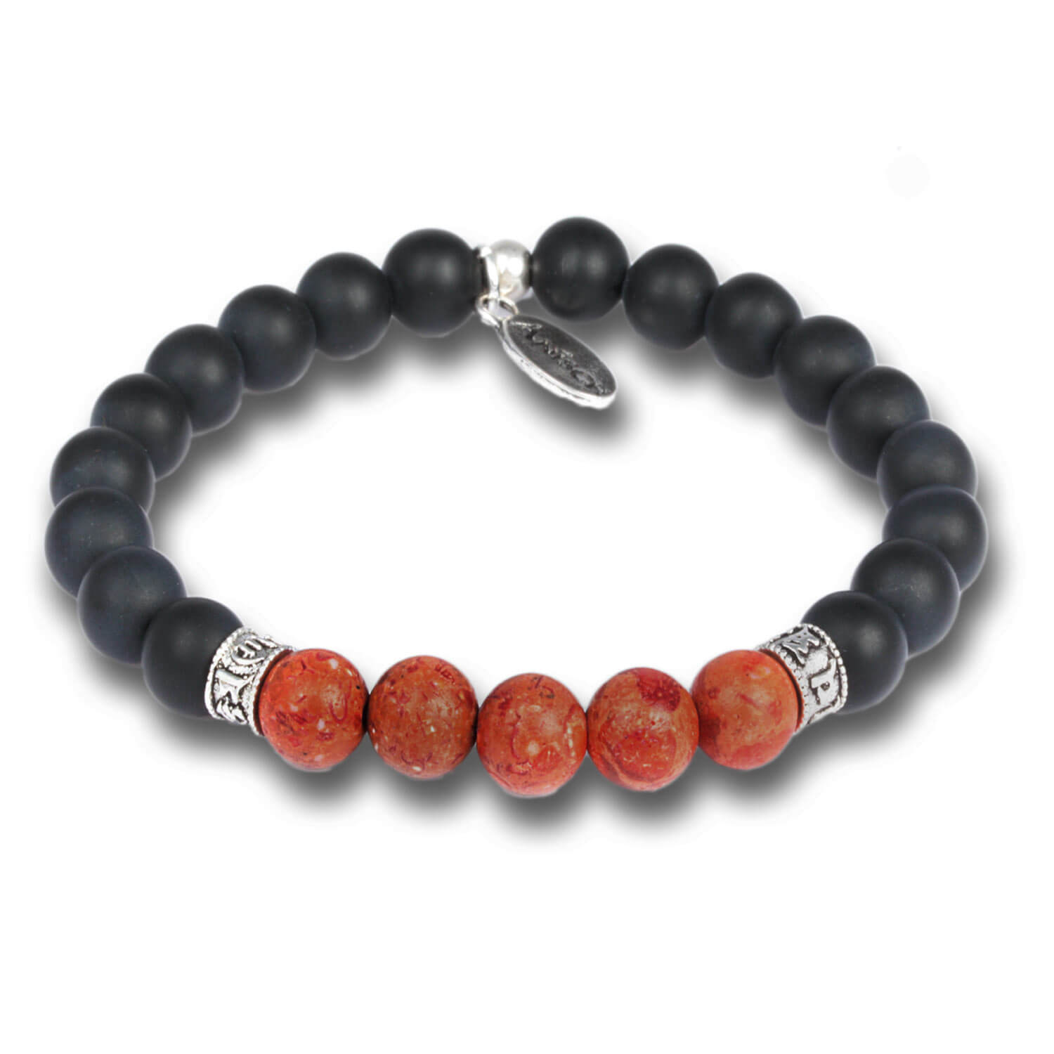 Coral - Mantra Beads gemstone bracelet for men with sterling silver, 8 mm