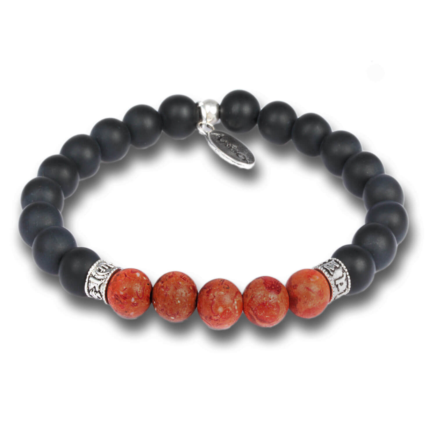 Coral - Mantra Beads Edelsteinarmband für Herren mit Sterlingsilber, 8 mm