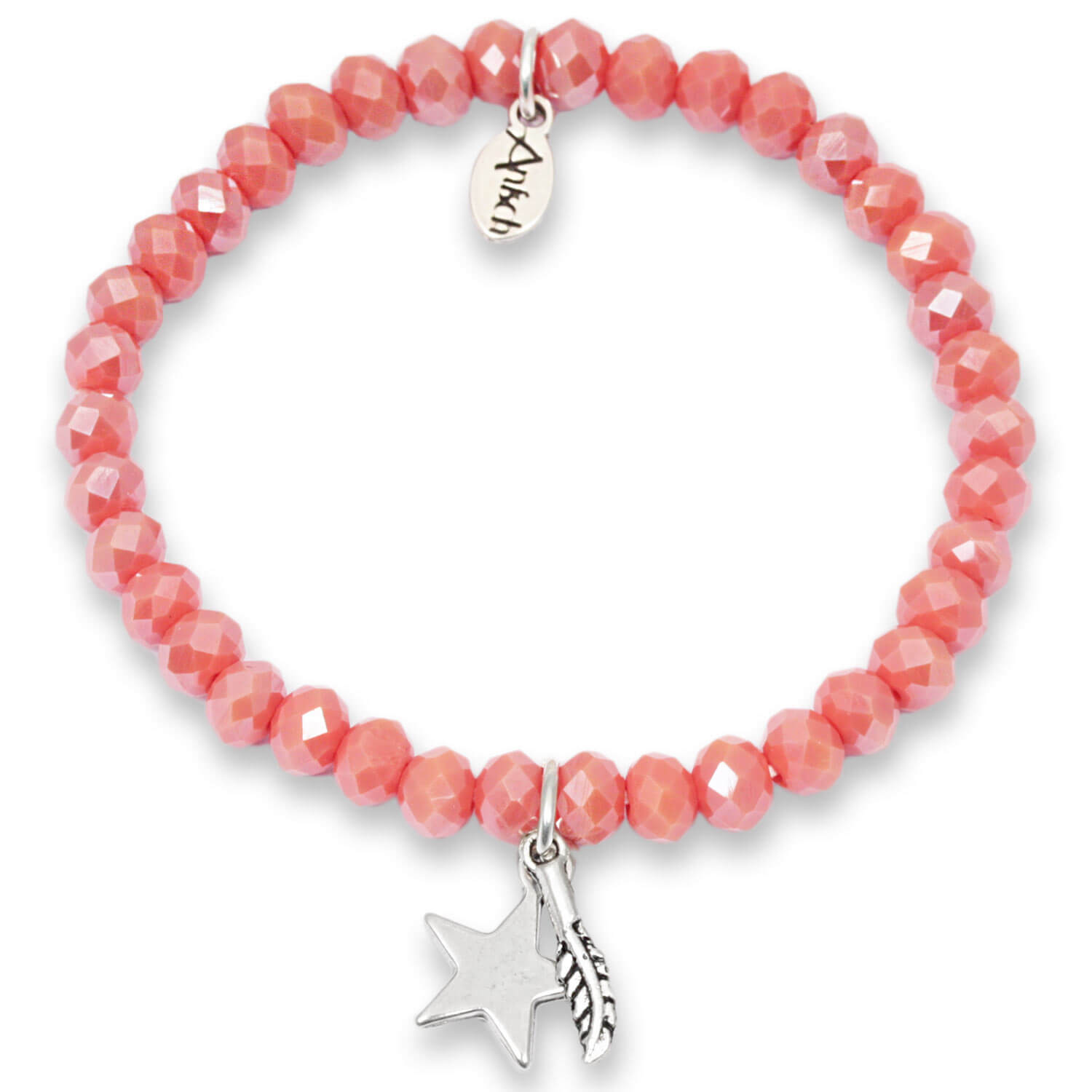 Coral Glow – Kristallarmband mit Feder und Stern