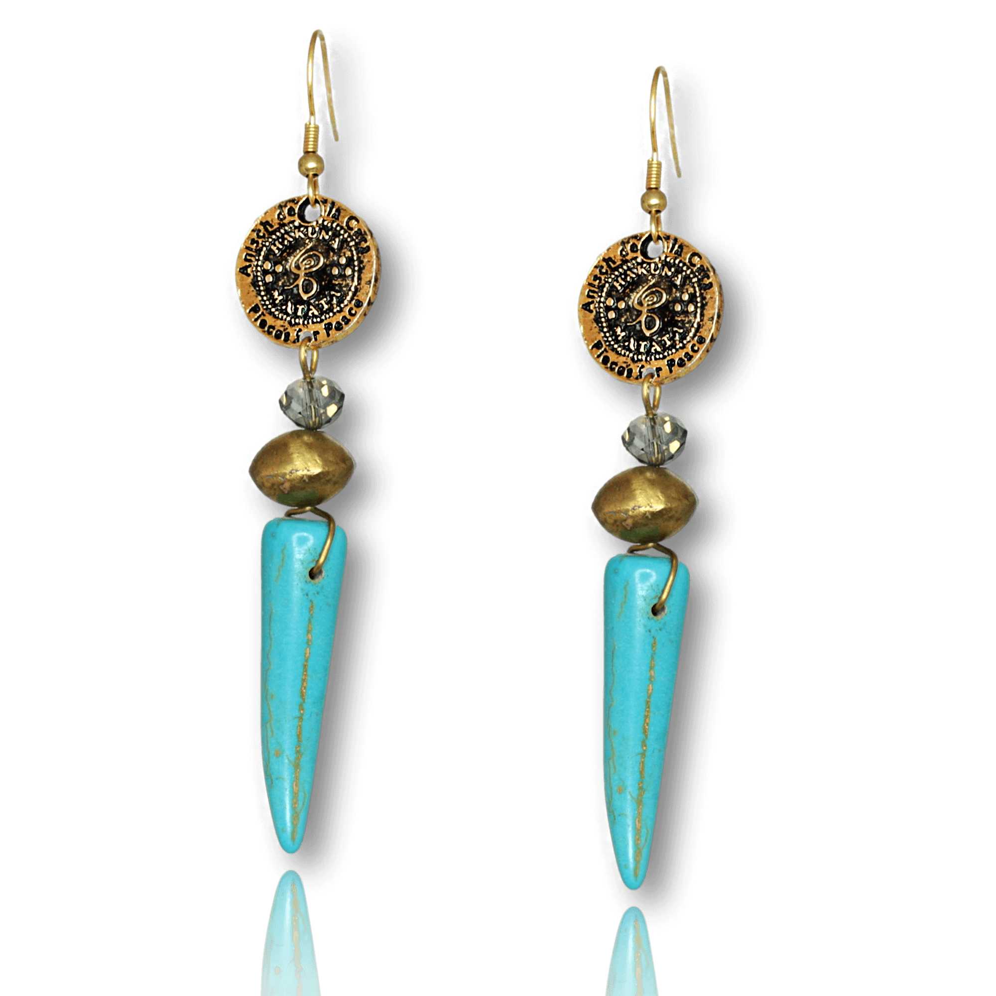 Gold-turquoise earrings with tooth amulet in magnesite