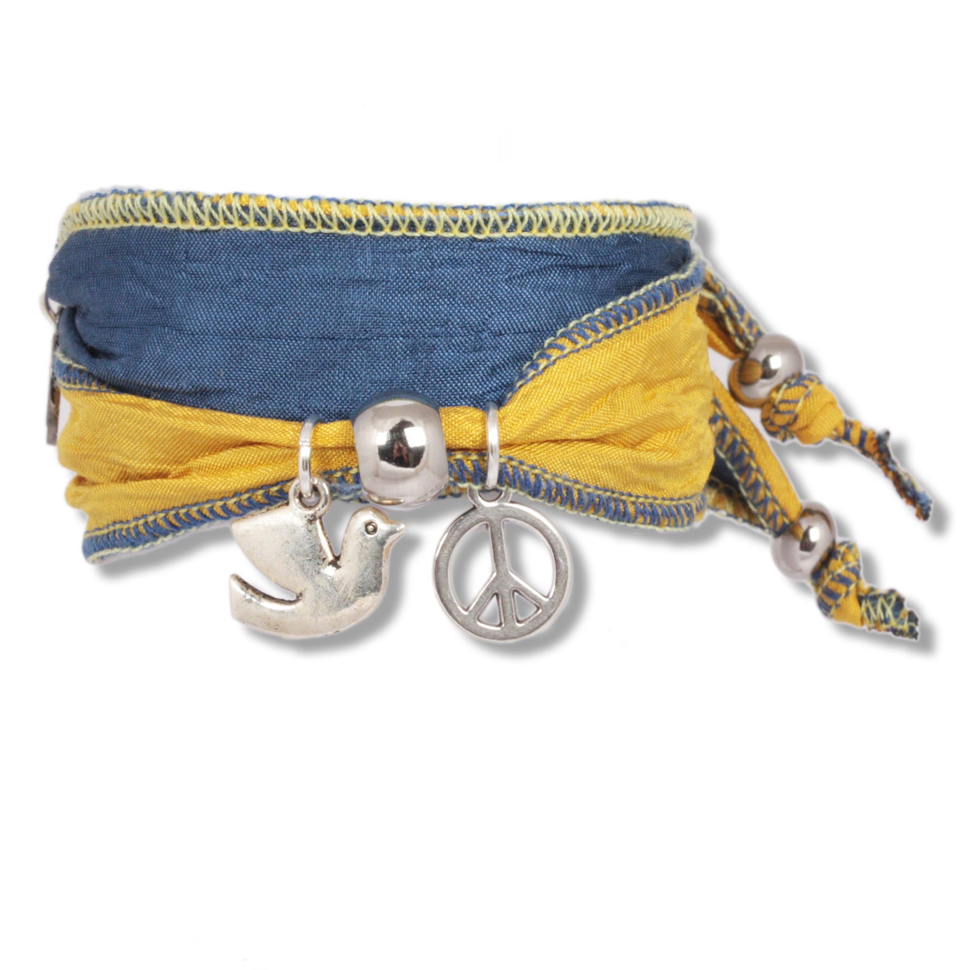 Blue Yellow - Dove of Peace Bracelet made from Sari fabrics