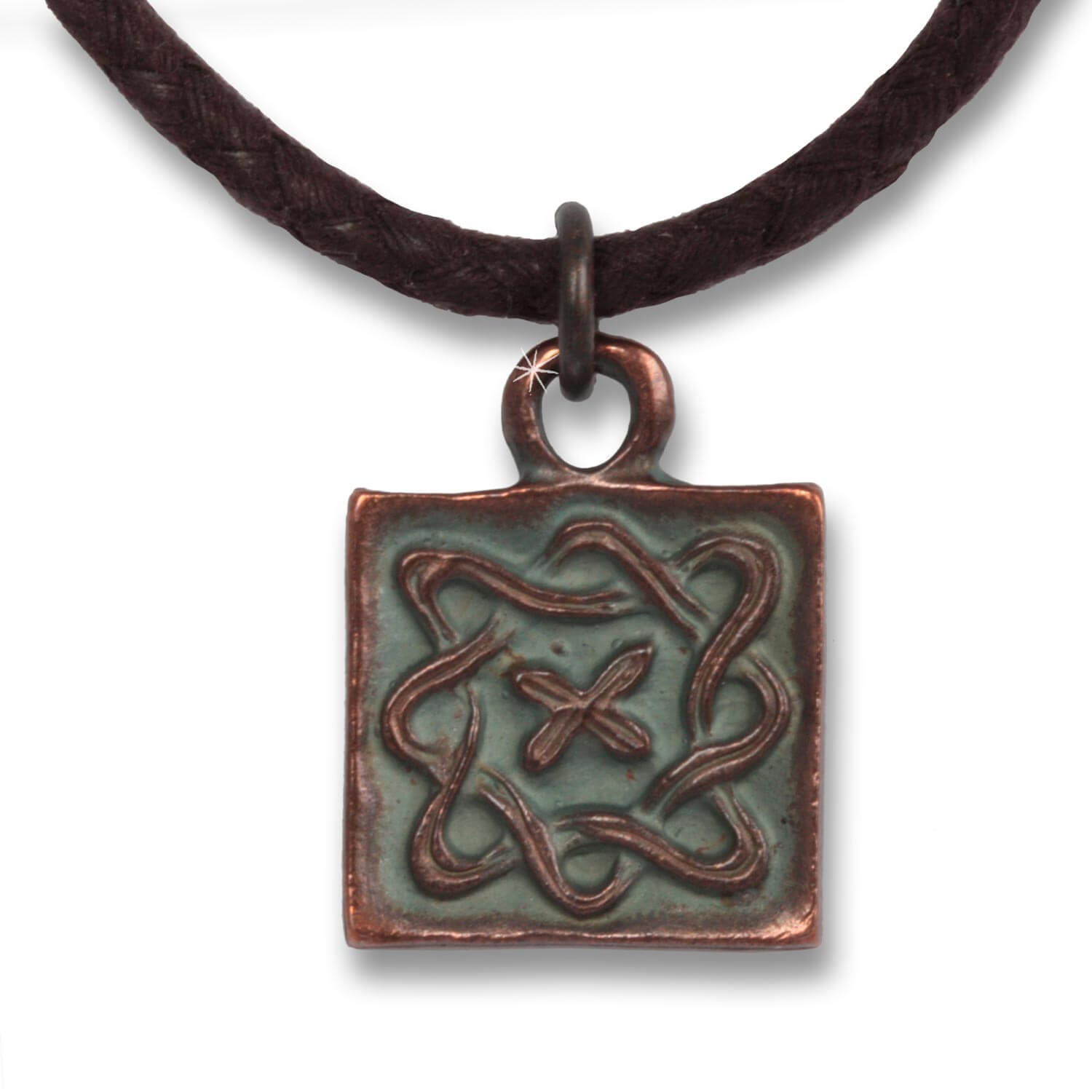 Infinity Square - Indian Symbols men's necklace Antique Copper cotton, 54 cm long