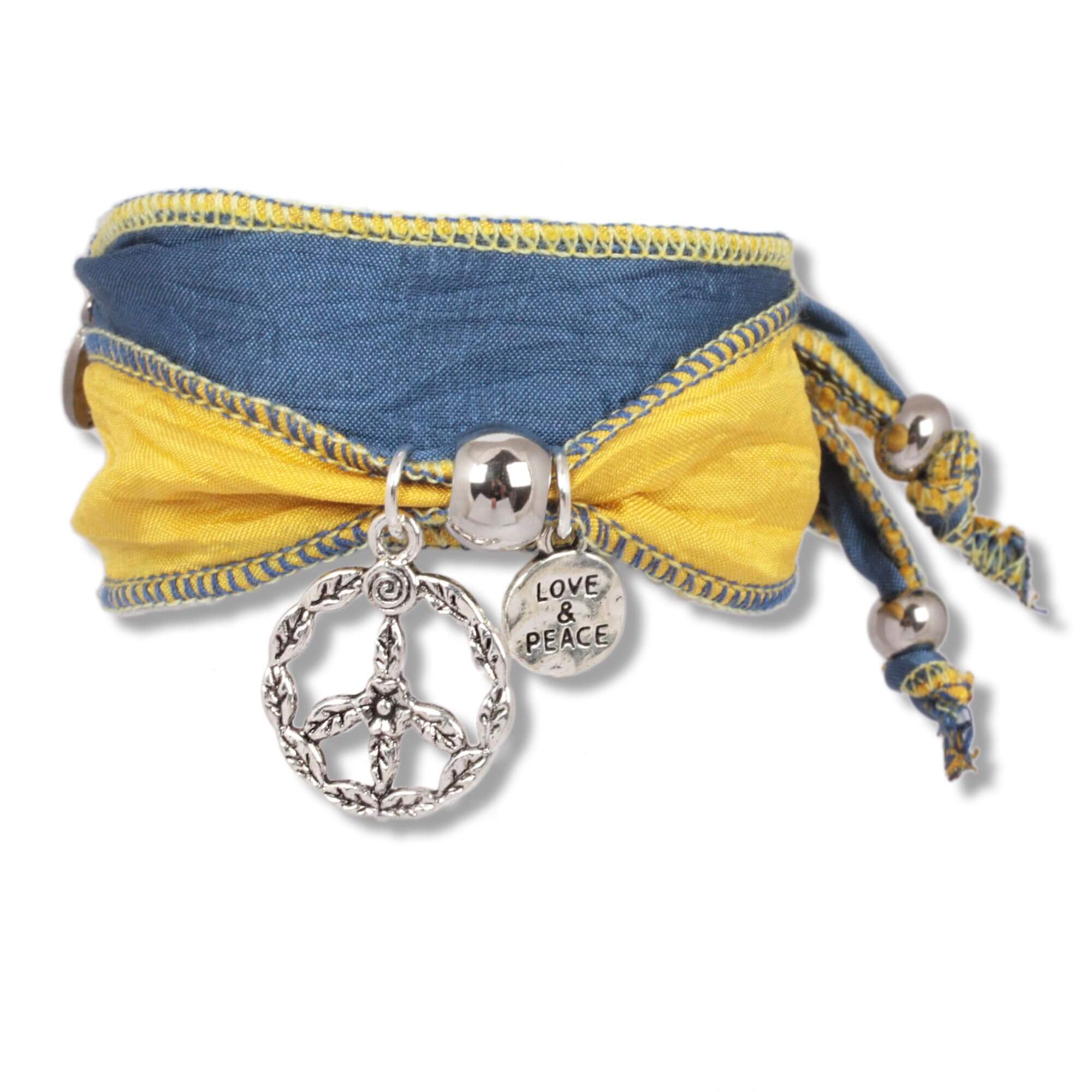 Blue Yellow - Love & Peace Bracelet made from Sari fabrics