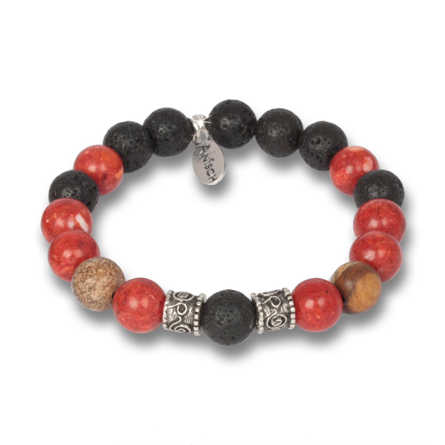 Coral Jasper - African Beads Lava Herren-Armband, 10 mm