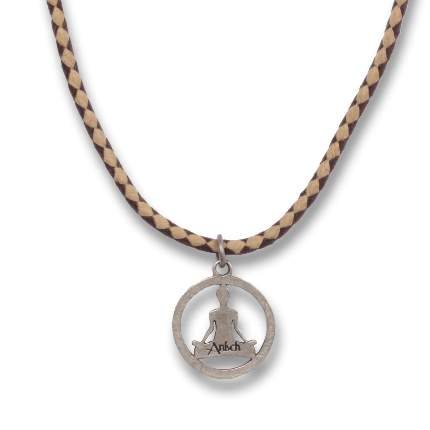 Mindfulness Circle - Indian Symbols men necklace Antique Silver cotton, 44 cm long