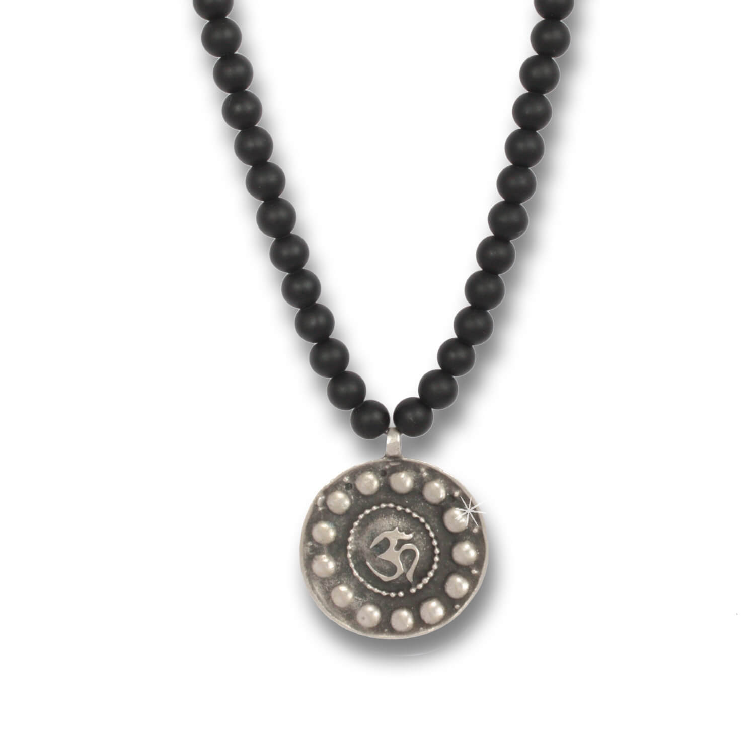 Antique Silver Om Coin - Indian Symbols onyx necklace for men, 80 cm