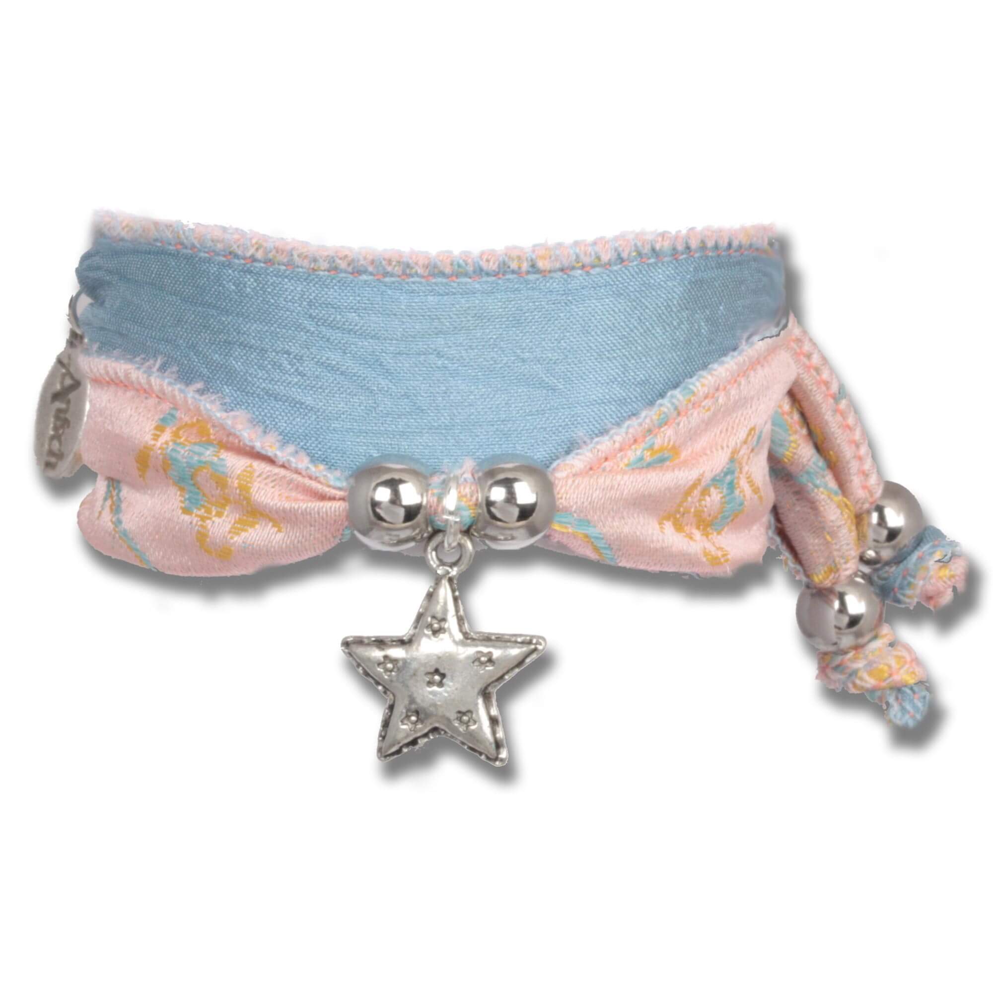 Pink Blue Starseed - Vintage Indian sari fabric bracelet